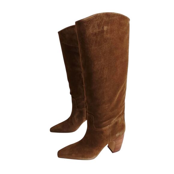 Vince Camuto Brown Tall Suede Leather Heeled Boots Pointy Toe Wide Calf Size 8.5 - Picture 3 of 10